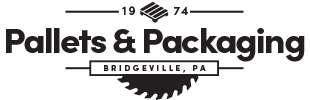 1974 Pallets & Packaging Bridgeville PA (black logo with pallet and saw blade graphic)