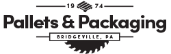 1974 - Pallets and Packaging Bridgeville PA (Black logo featuring a pallet and saw blade)