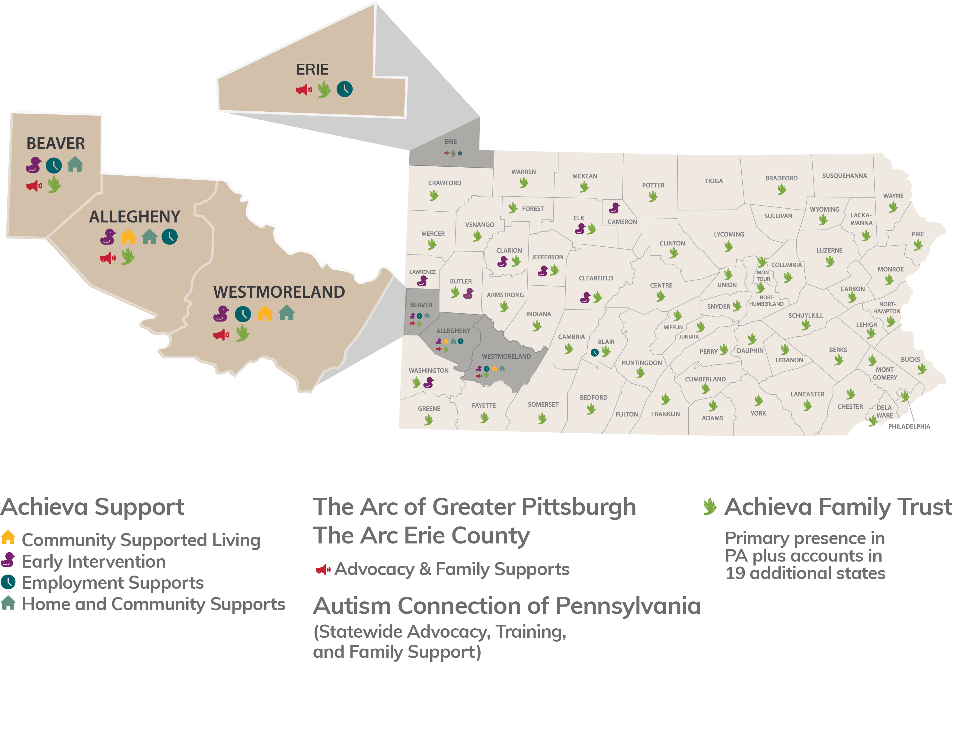 Achieva's main services are offered in Allegheny, Beaver and Westmoreland County. Autism Connection and Achieva Family Trust are offered statewide.